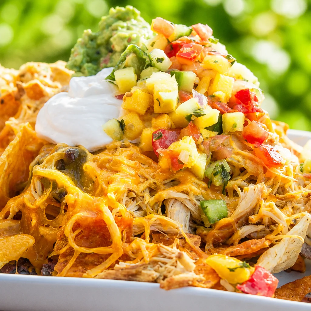 Delicious Easy Crockpot Chicken Nachos topped with shredded chicken and melty cheese.