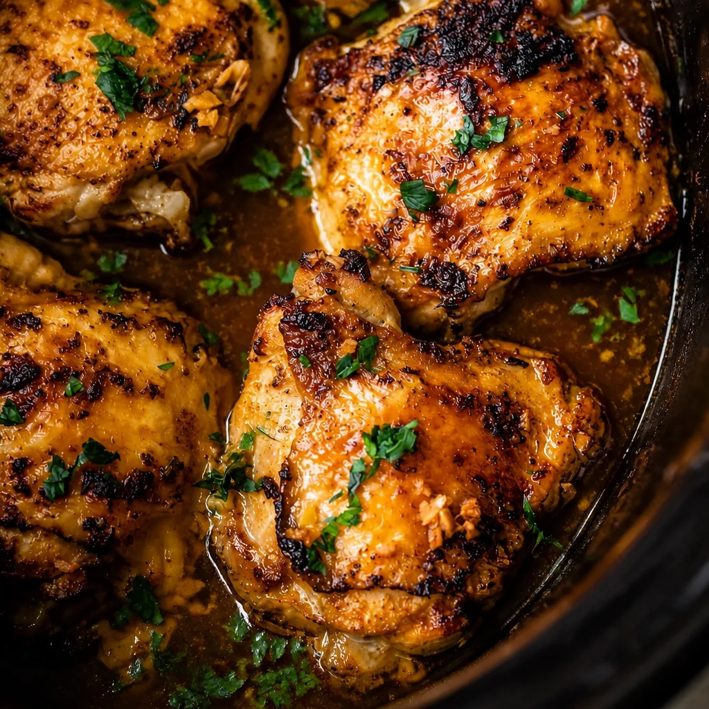 Delicious Easy Crockpot Chicken Thighs cooked tender and juicy in a slow cooker.