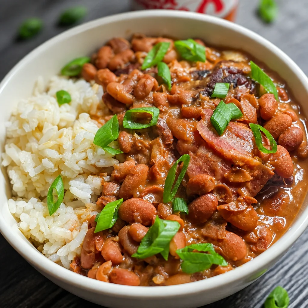 Bowl of Easy Crockpot Ham and Beans served with cornbread and fresh vegetables.