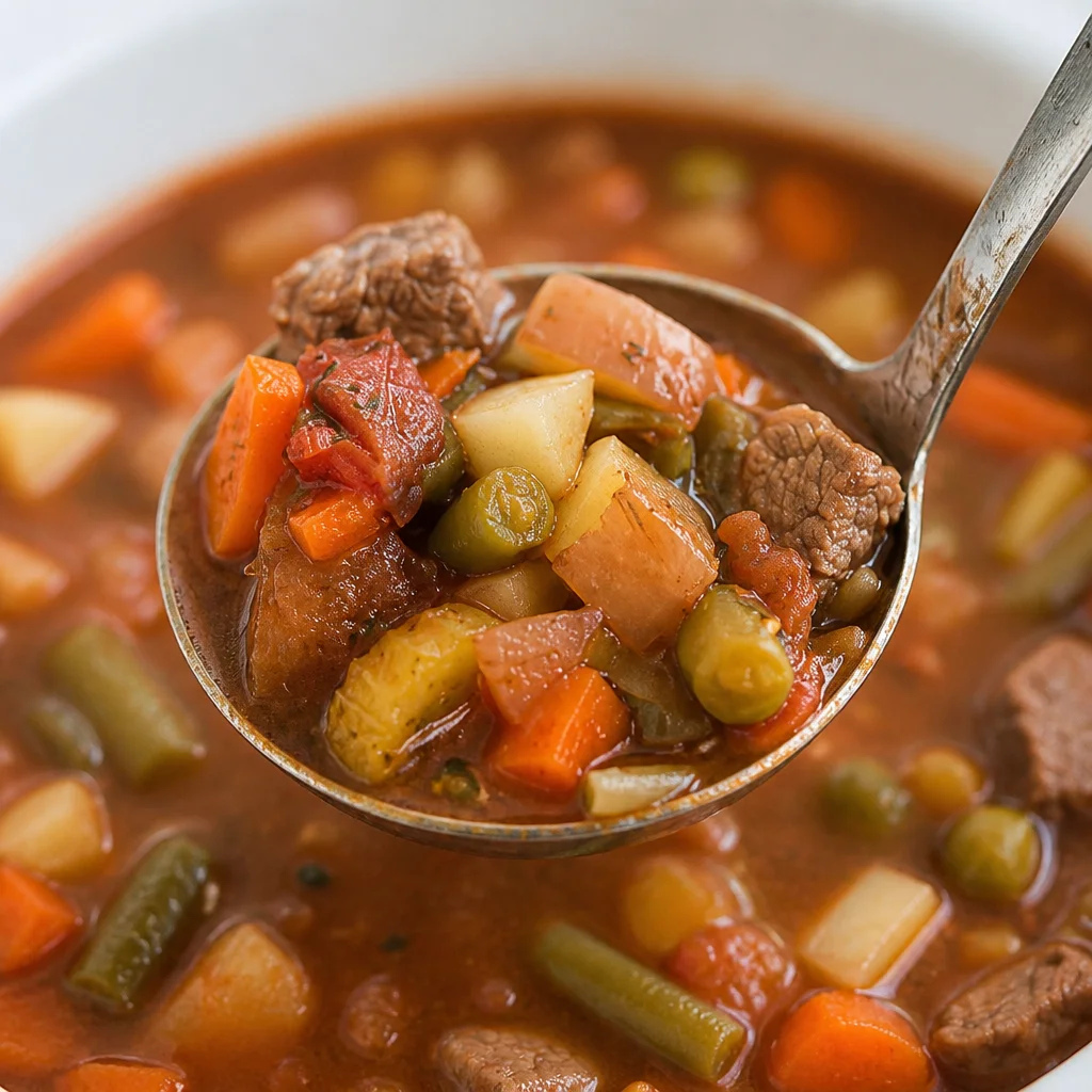 Bowl of Easy Crockpot Vegetable Beef Soup with beef chunks and colorful vegetables.