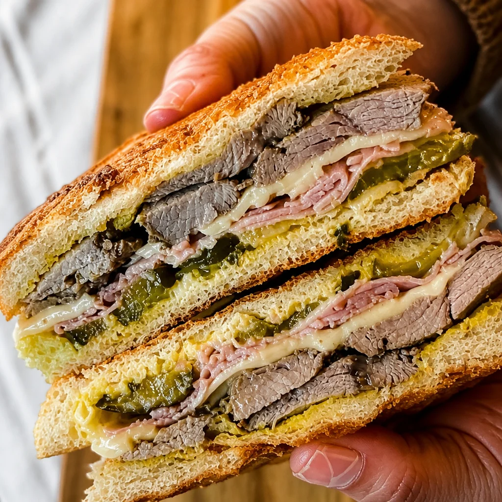 A delicious Easy Cuban Sandwich filled with Pressed Mojo Pork, Swiss cheese, and pickles.