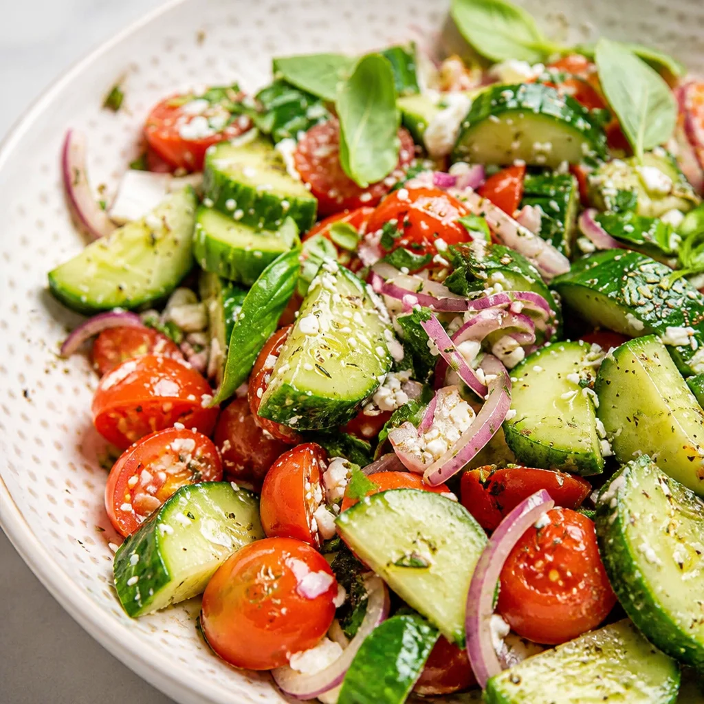 Fresh Easy Cucumber Tomato Salad with vinaigrette dressing and red onions.