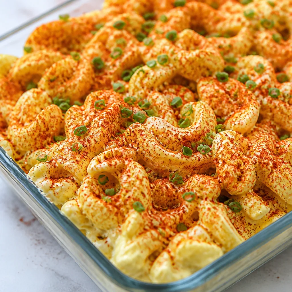 Creamy Easy Deviled Egg Pasta Salad served in a bowl for a summer BBQ side dish.