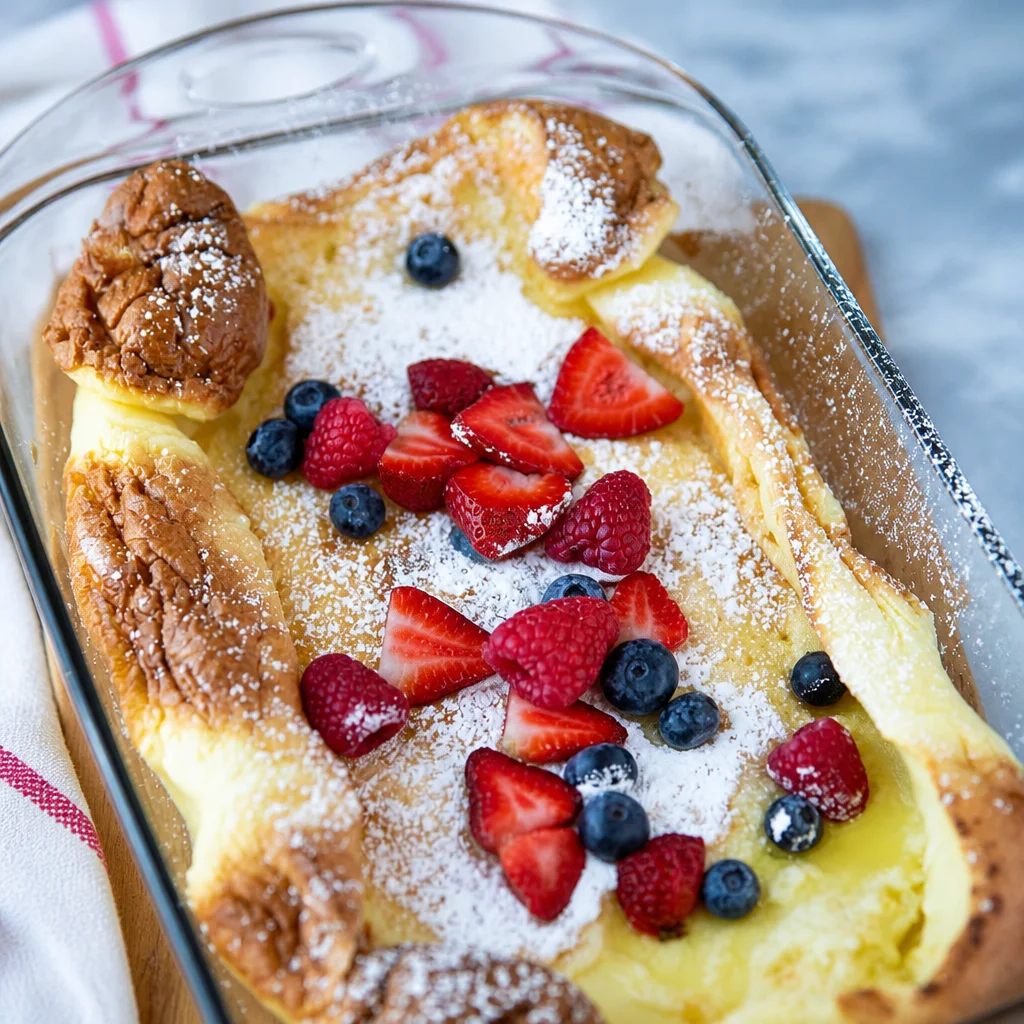 Easy Dutch Baby Pancake puffed in an oven skillet topped with powdered sugar and syrup.