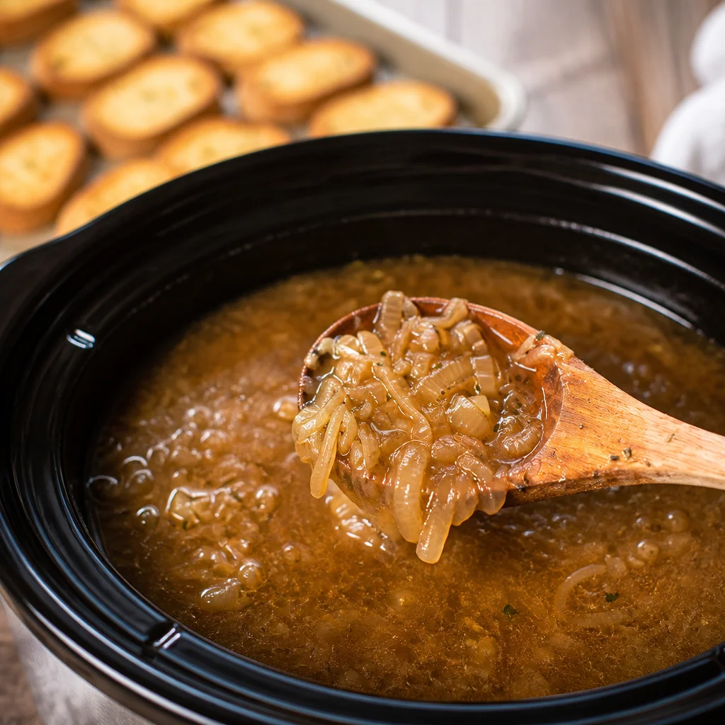 Bowl of Easy French Onion Soup topped with melted cheese and caramelized onions.