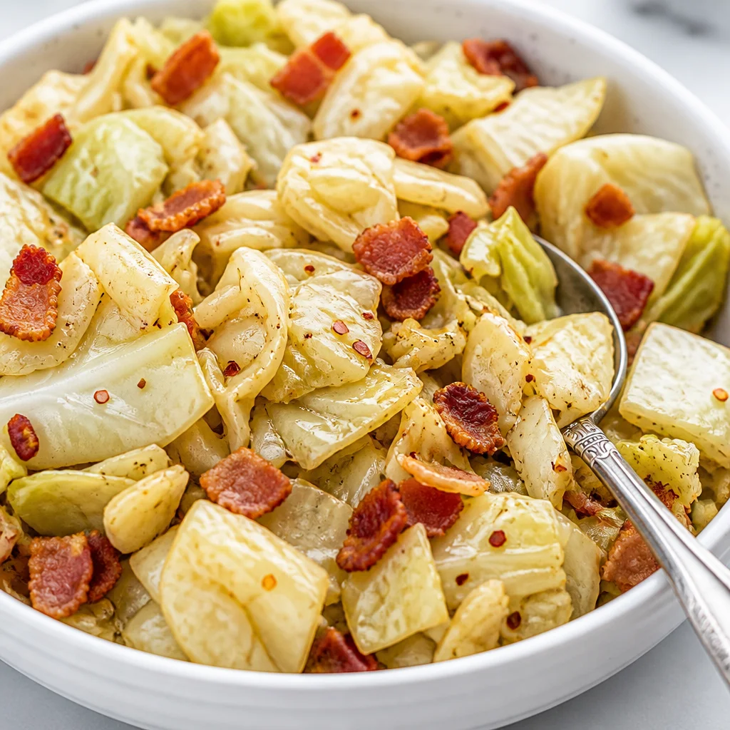 Easy Fried Cabbage with Bacon in a skillet, highlighting the southern comfort food.