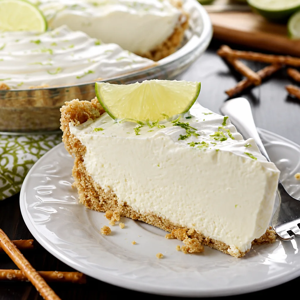 Easy Frozen Margarita Pie with a creamy lime filling on a pretzel crust