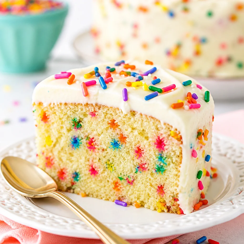 Moist and colorful Easy Funfetti Cake with rainbow sprinkles for birthday celebrations.