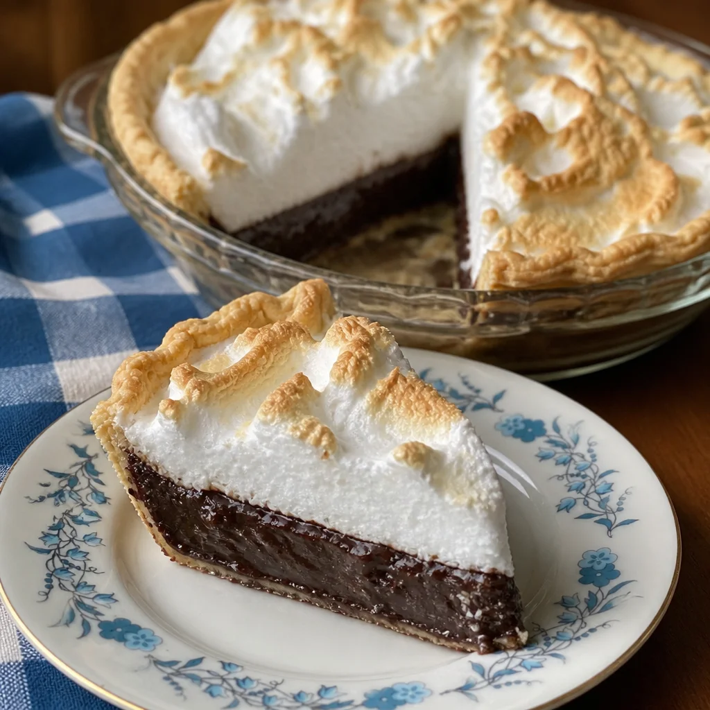 Slice of Easy Grandmas Chocolate Pie on a plate with a fork.