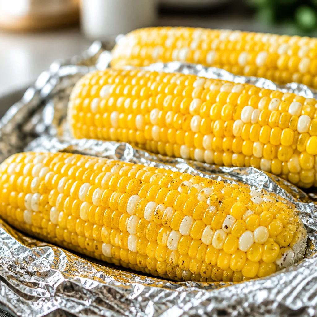 Delicious Easy Grilled Corn on the Cob with Garlic Butter ready to serve.