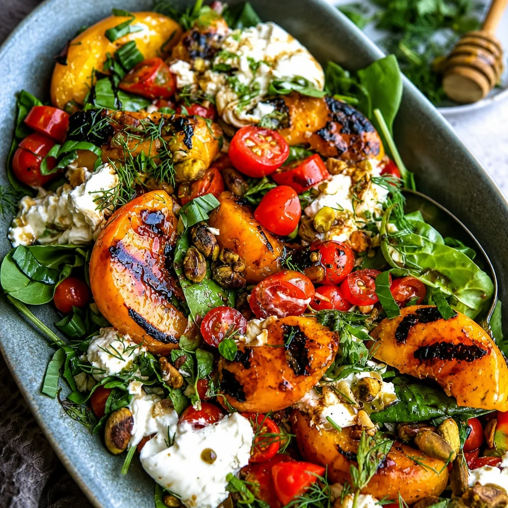 Easy Grilled Peach Salad with Burrata, featuring grilled peaches and creamy cheese.
