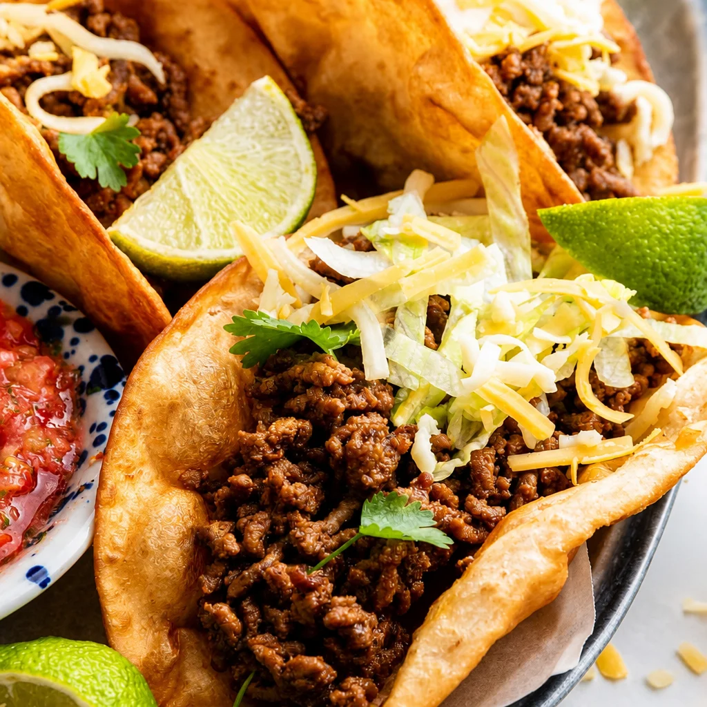 Easy Ground Beef Tacos in crispy shells topped with cheese and fresh ingredients
