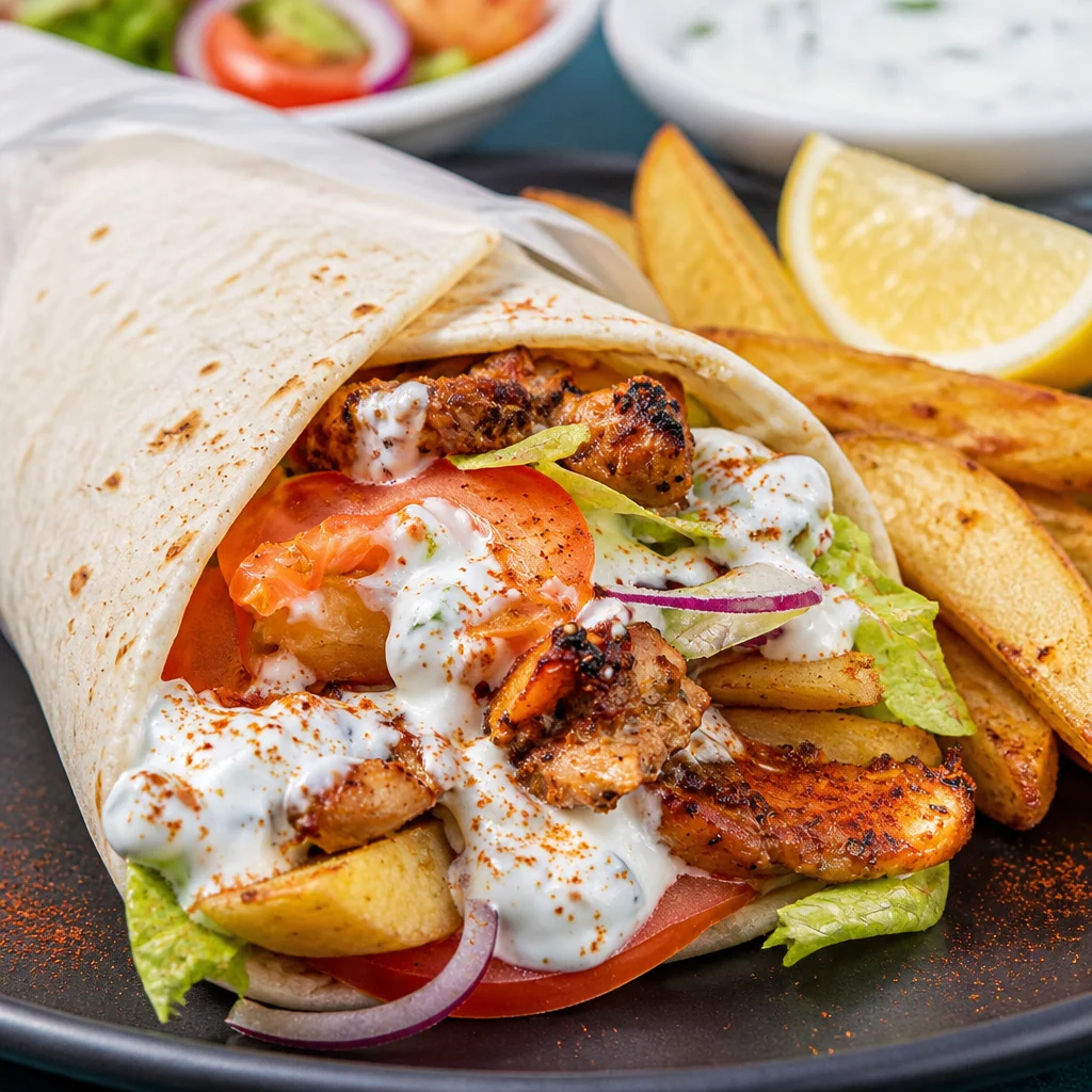 Delicious Easy Gyro Sandwich filled with chicken and Homemade Tzatziki Wrap on a plate.