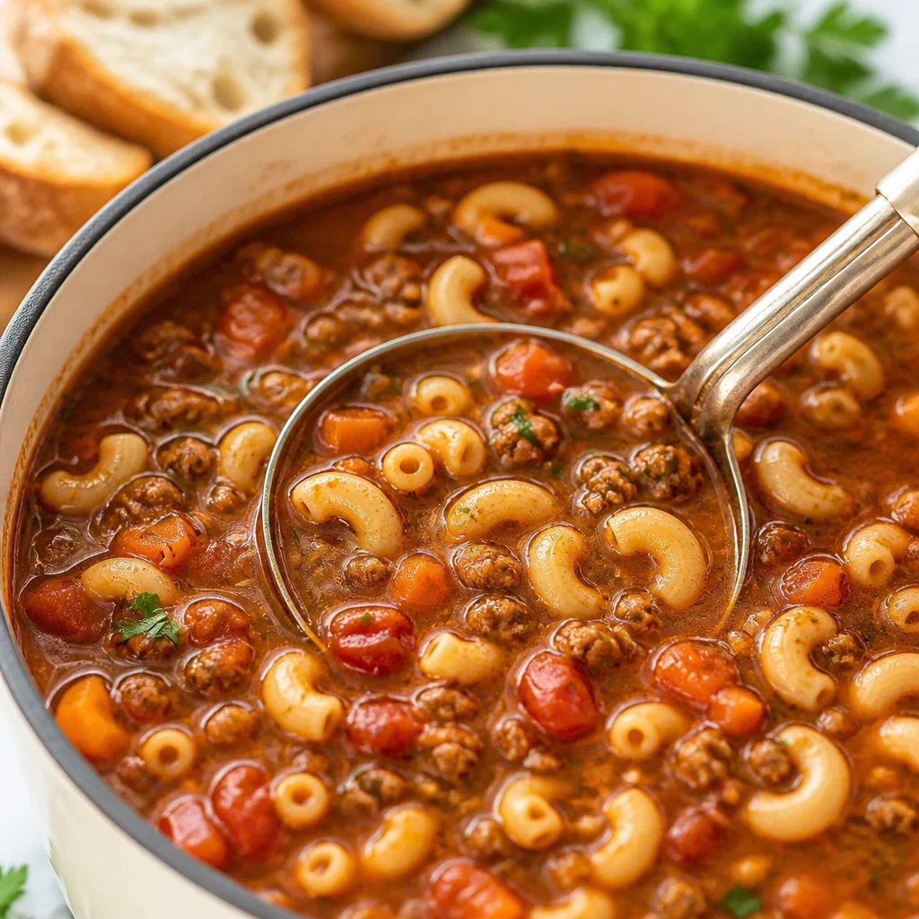 Bowl of Easy Hamburger Macaroni Soup with beef and pasta ingredients