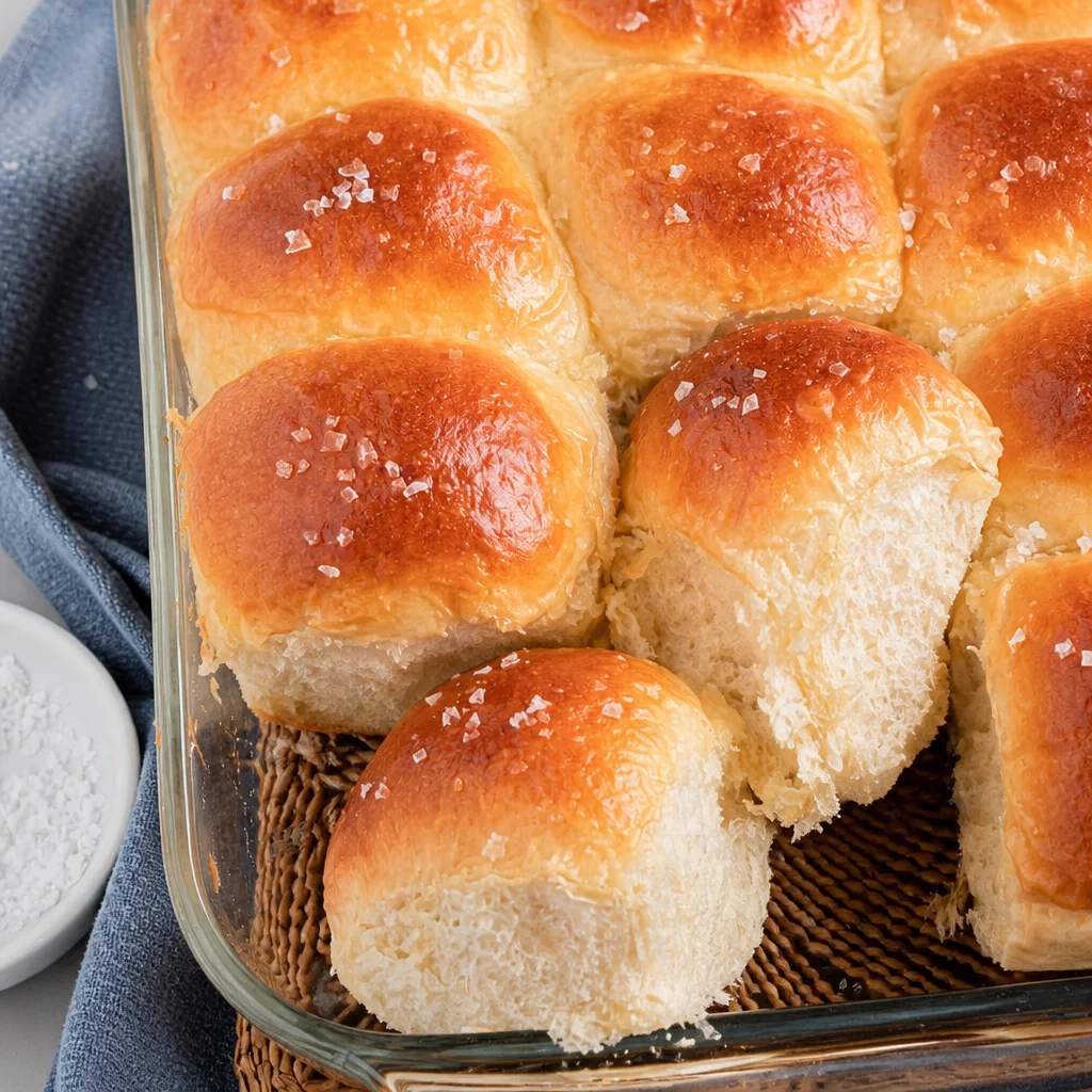 A tray of soft and fluffy homemade dinner rolls, freshly baked and golden brown.