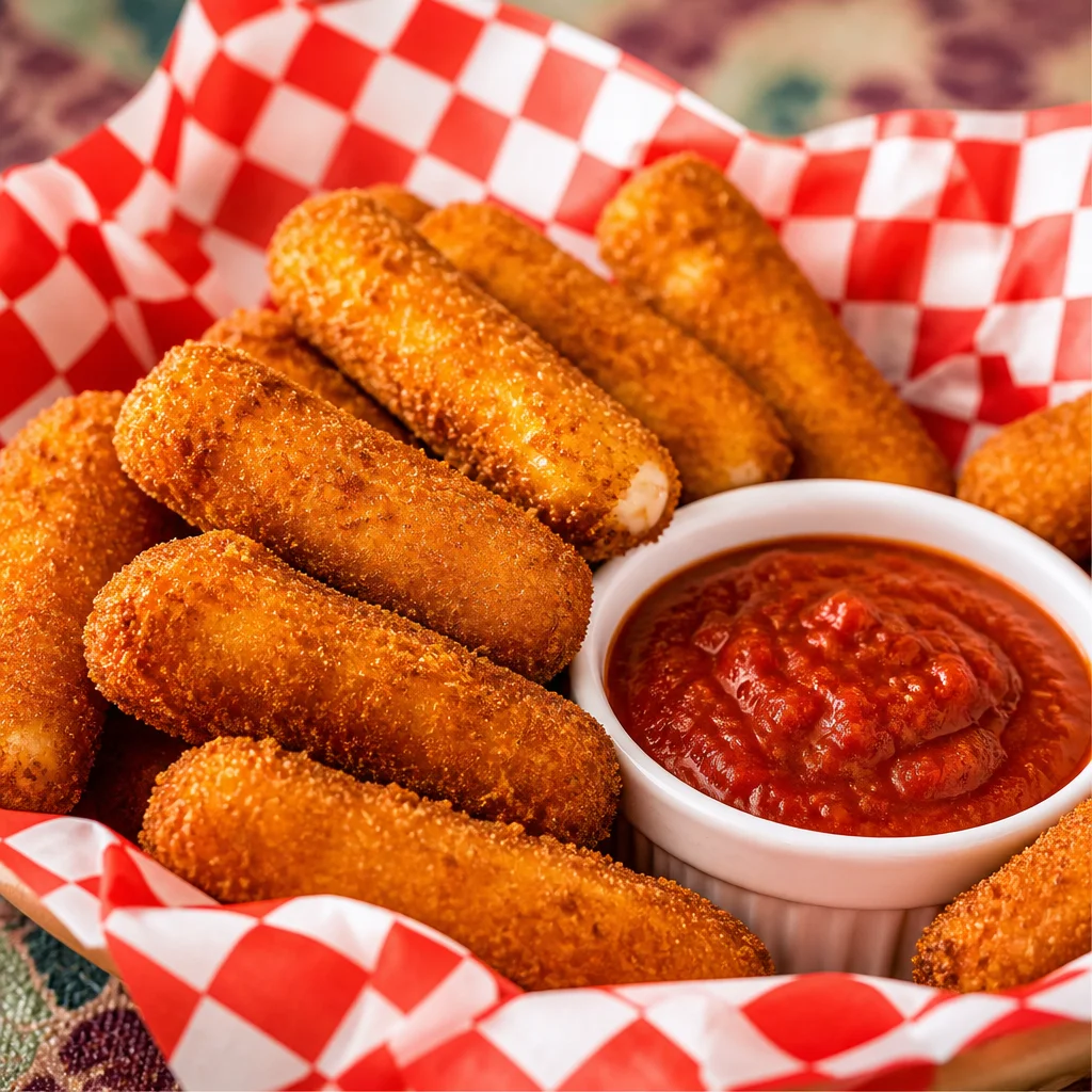 Crispy fried Easy Homemade Mozzarella Sticks golden brown and oozy with melted cheese.