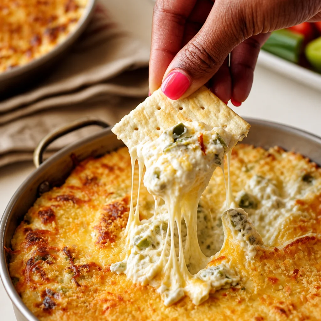 Bowl of Easy Jalapeno Popper Dip garnished with jalapenos and served with tortilla chips.