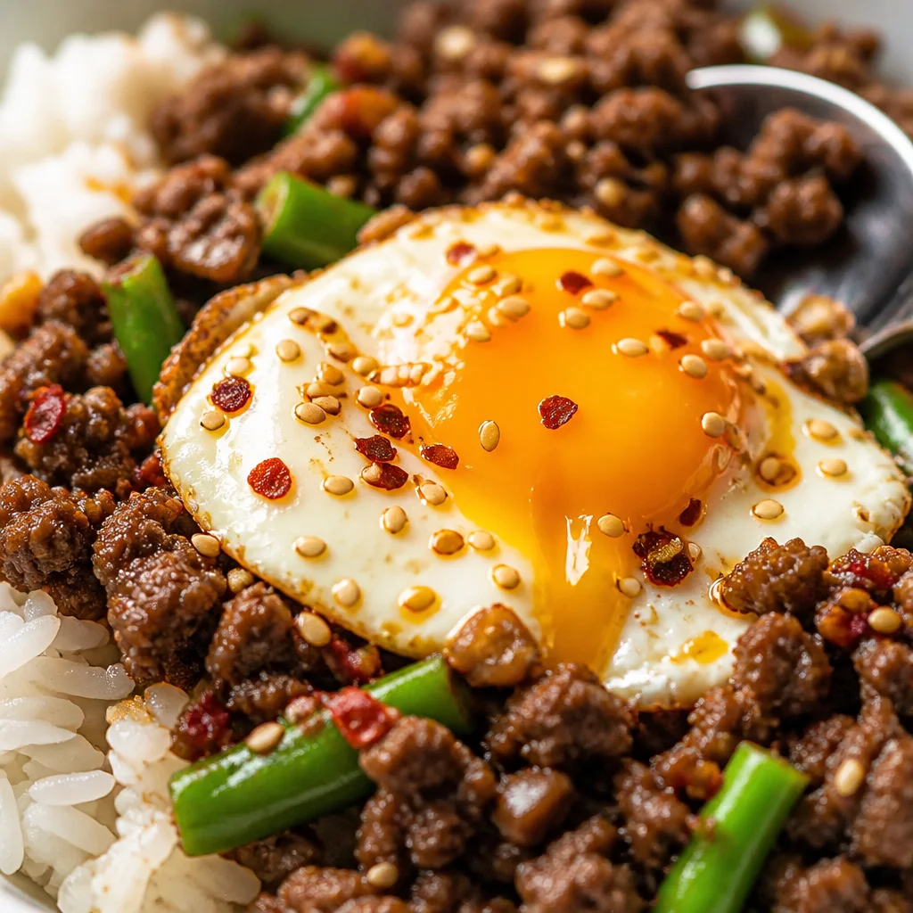 Easy Korean Beef Bowl with ground beef, rice, and veggies, garnished with green onions.