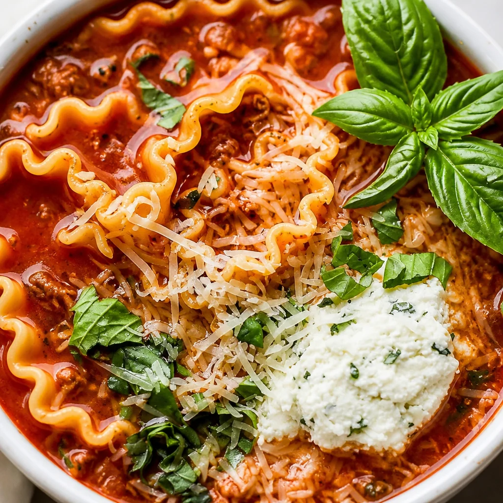 Easy Lasagna Soup in a bowl with noodles and cheese, perfect one pot dinner.