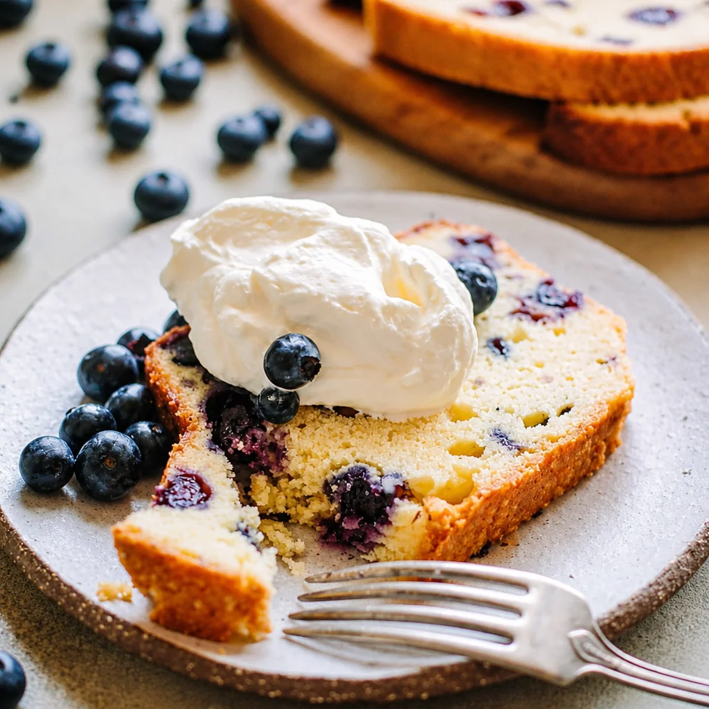 Slice of Easy Lemon Blueberry Pound Cake with fresh blueberries and lemon zest.