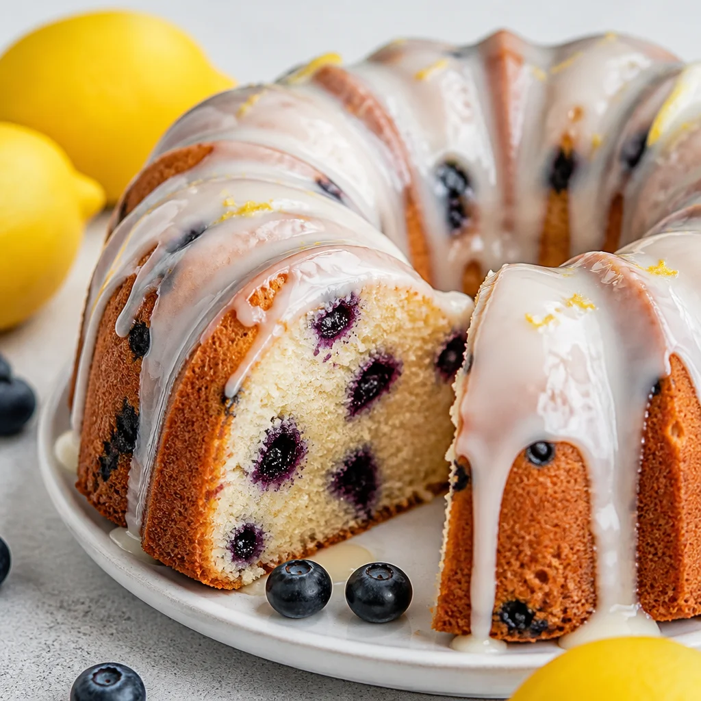 Delicious Easy Lemon Blueberry Pound Cake topped with lemon glaze and fresh blueberries.