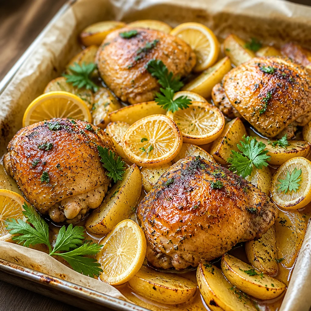 Easy Lemon Herb Chicken Thighs Sheet Pan Roasted with vegetables and potatoes