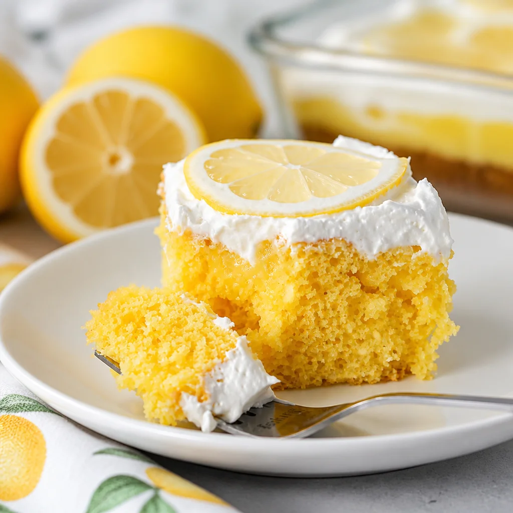 Moist Easy Lemon Poke Cake with lemon glaze and whipped cream topping.
