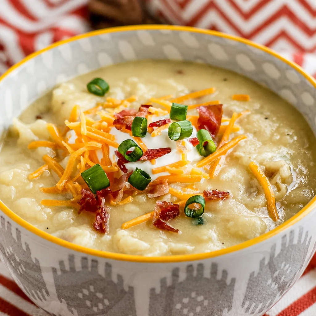 Creamy Loaded Baked Potato Soup topped with bacon, cheddar cheese, and sour cream.