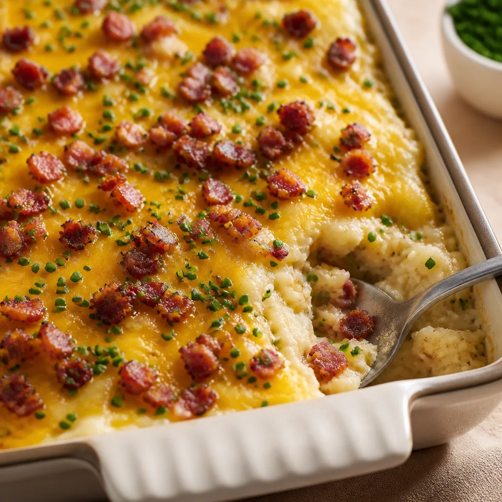 Easy Loaded Mashed Potatoes with Bacon, Cheese, and Chives in a bowl