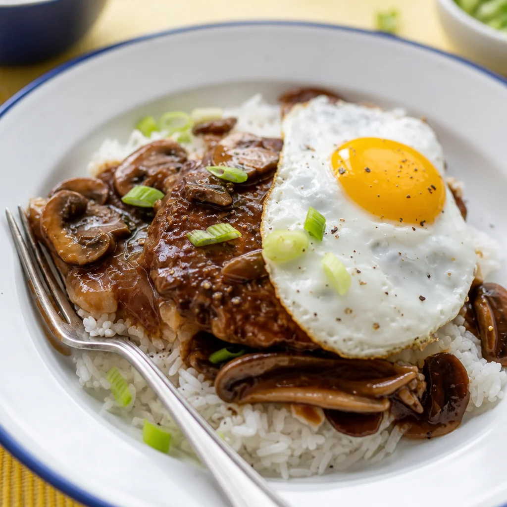 Easy Loco Moco Hawaiian Rice Beef Gravy Bowl with hamburger patty and fried egg
