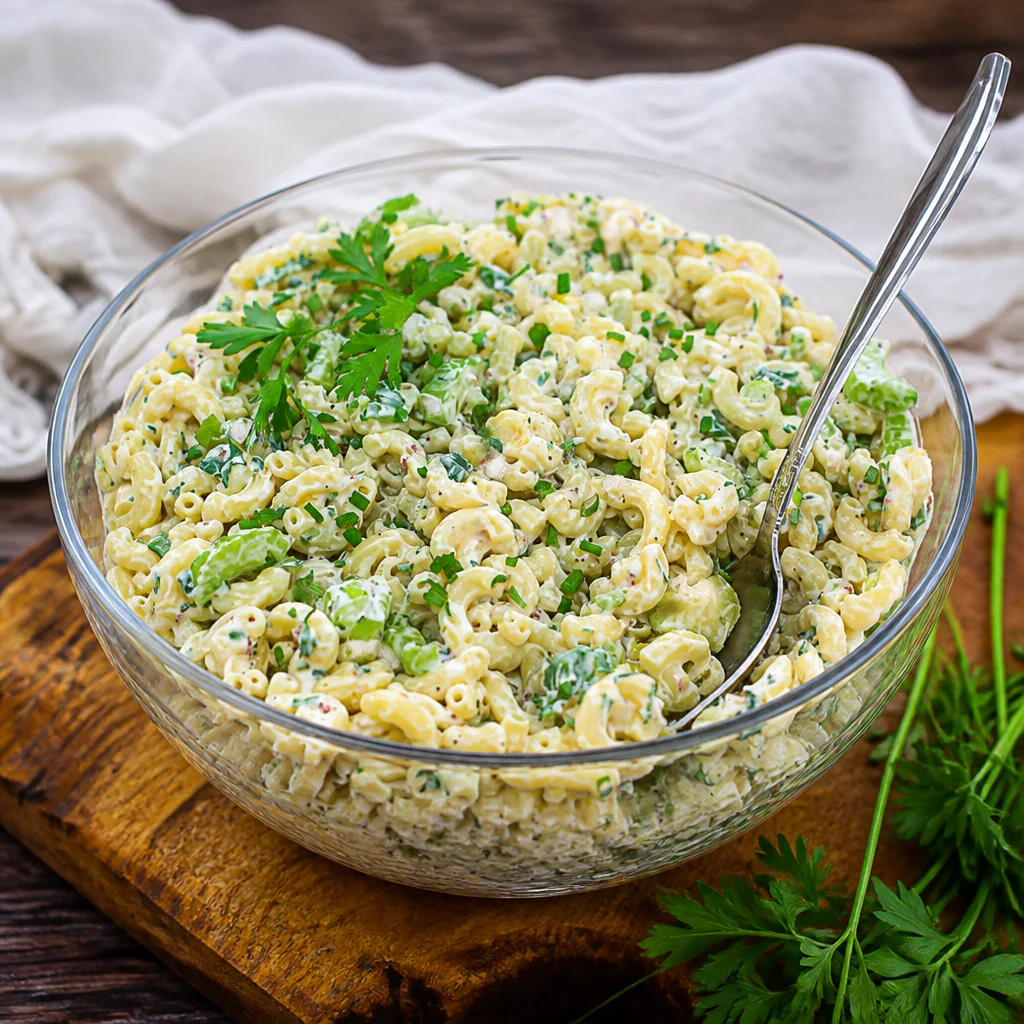 Easy macaroni salad served in a bowl as a classic American BBQ side dish.