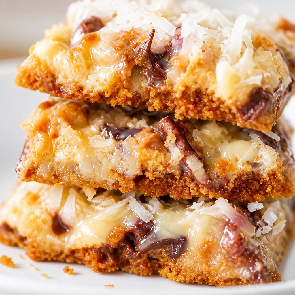 Delicious Easy Magic Cookie Bars with seven layers of chocolate, butterscotch, and coconut.