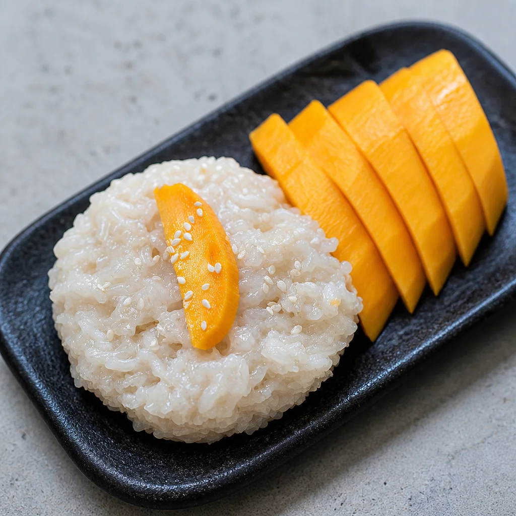 Delicious Easy Mango Sticky Rice dessert topped with ripe mango slices and coconut sauce.