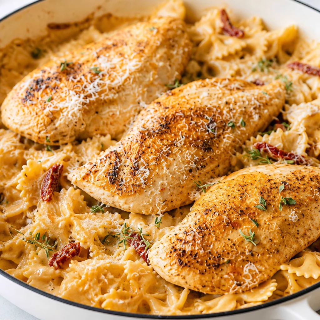 Easy Marry Me Chicken Pasta with creamy sun-dried tomato sauce and juicy chicken.