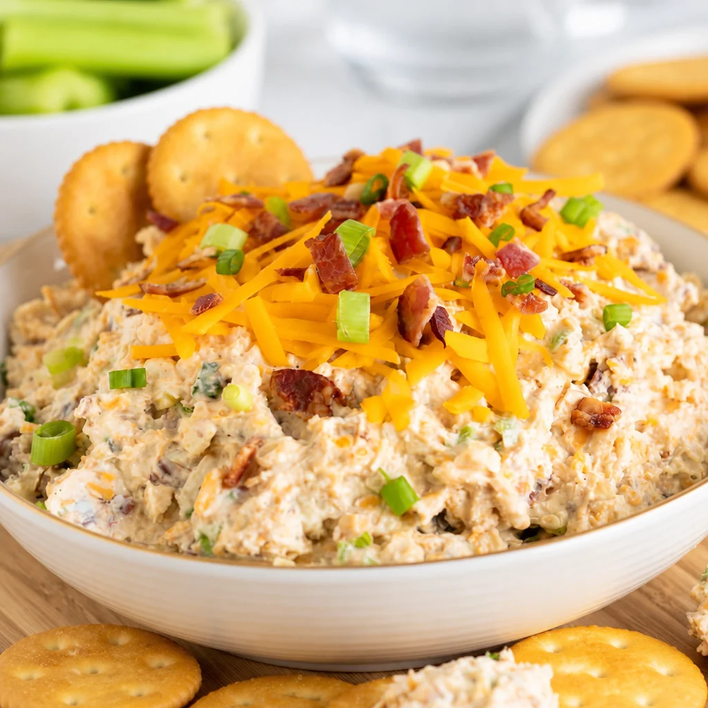 Easy Million Dollar Dip with cream cheese, bacon, cheddar, and green onions in a bowl.