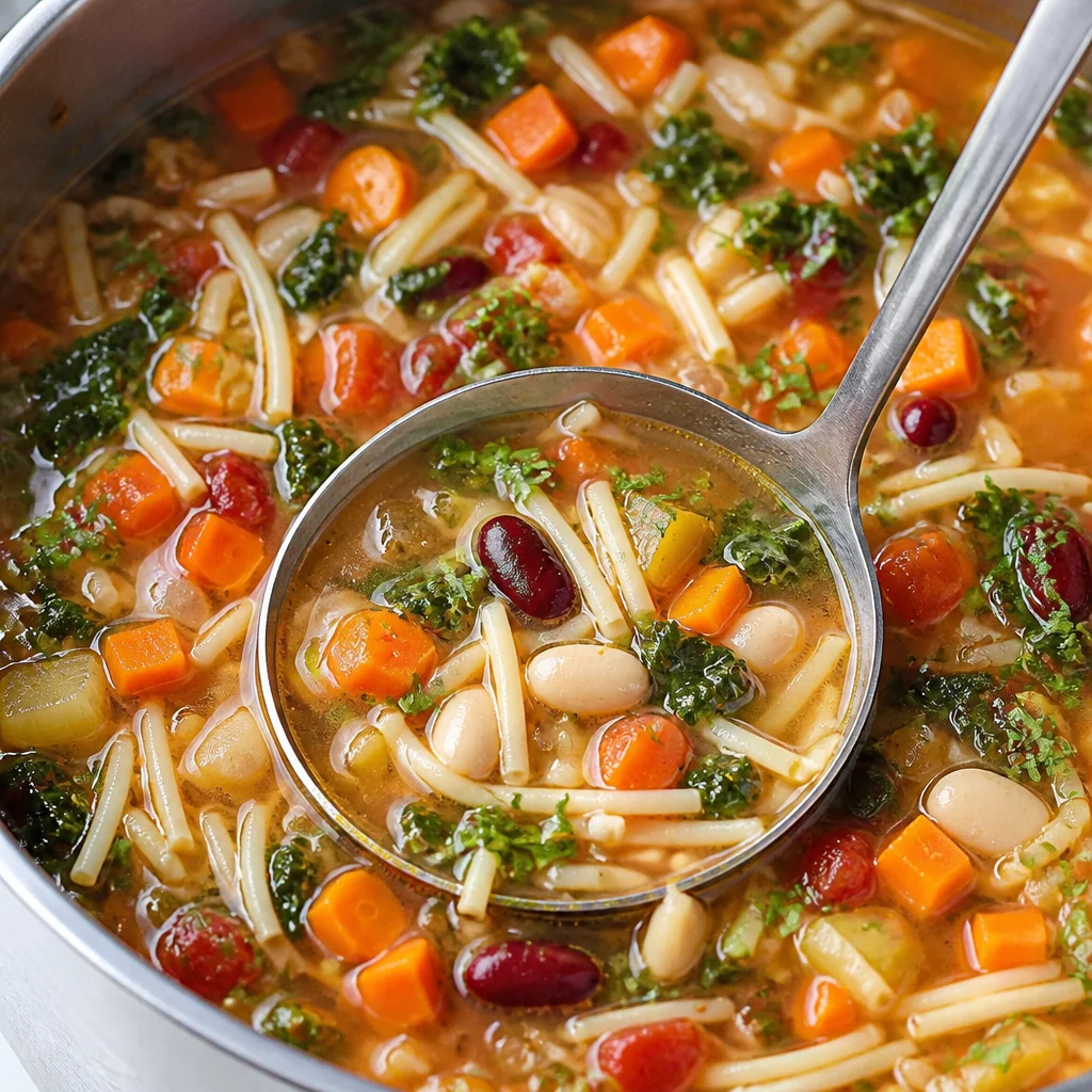 Bowl of easy minestrone soup with vegetables, beans, and pasta in rich tomato broth.