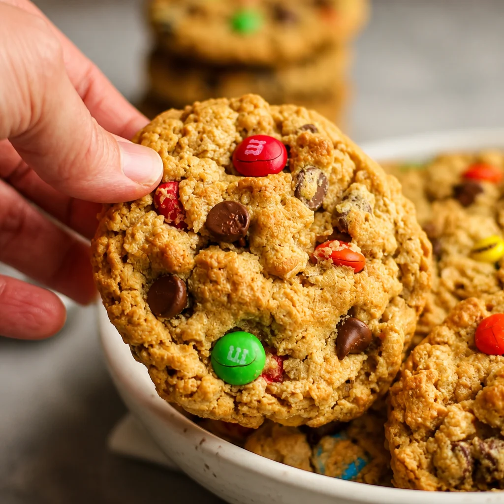 Easy Monster Cookies with no flour, packed with peanut butter, oats, chocolate chips, and M&Ms.