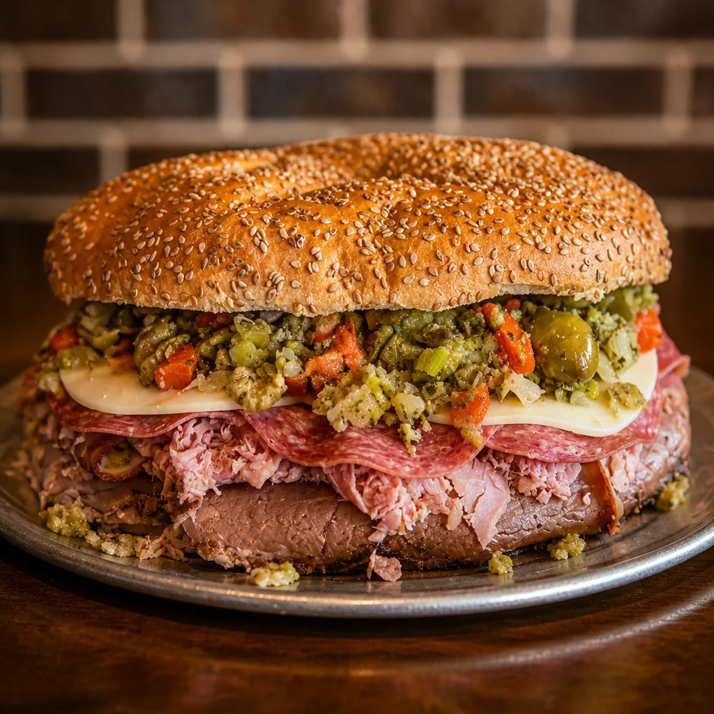 Delicious Easy Muffuletta Sandwich with homemade New Orleans olive salad and Italian meats.