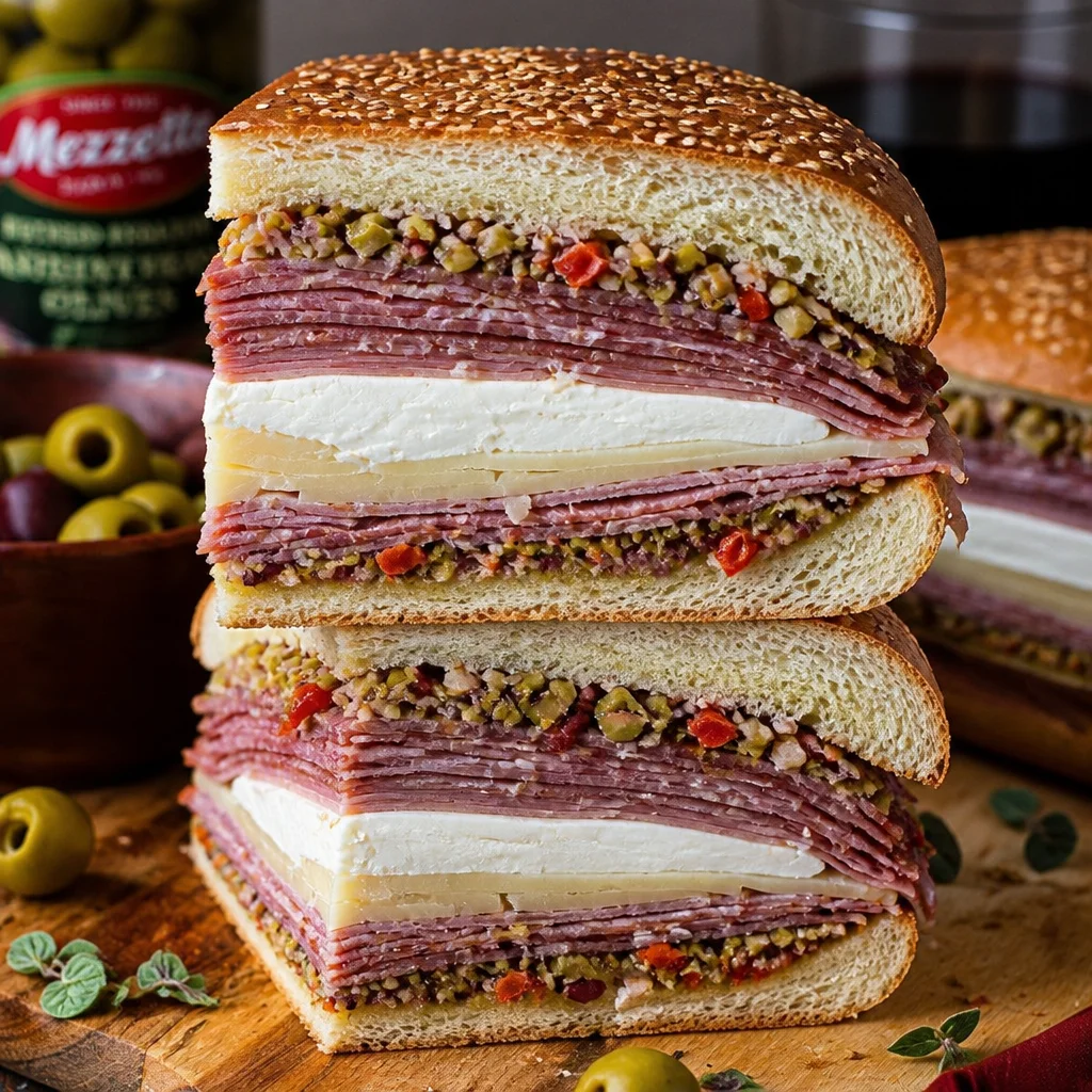 Easy Muffuletta Sandwich featuring New Orleans Olive Salad on a fresh roll.