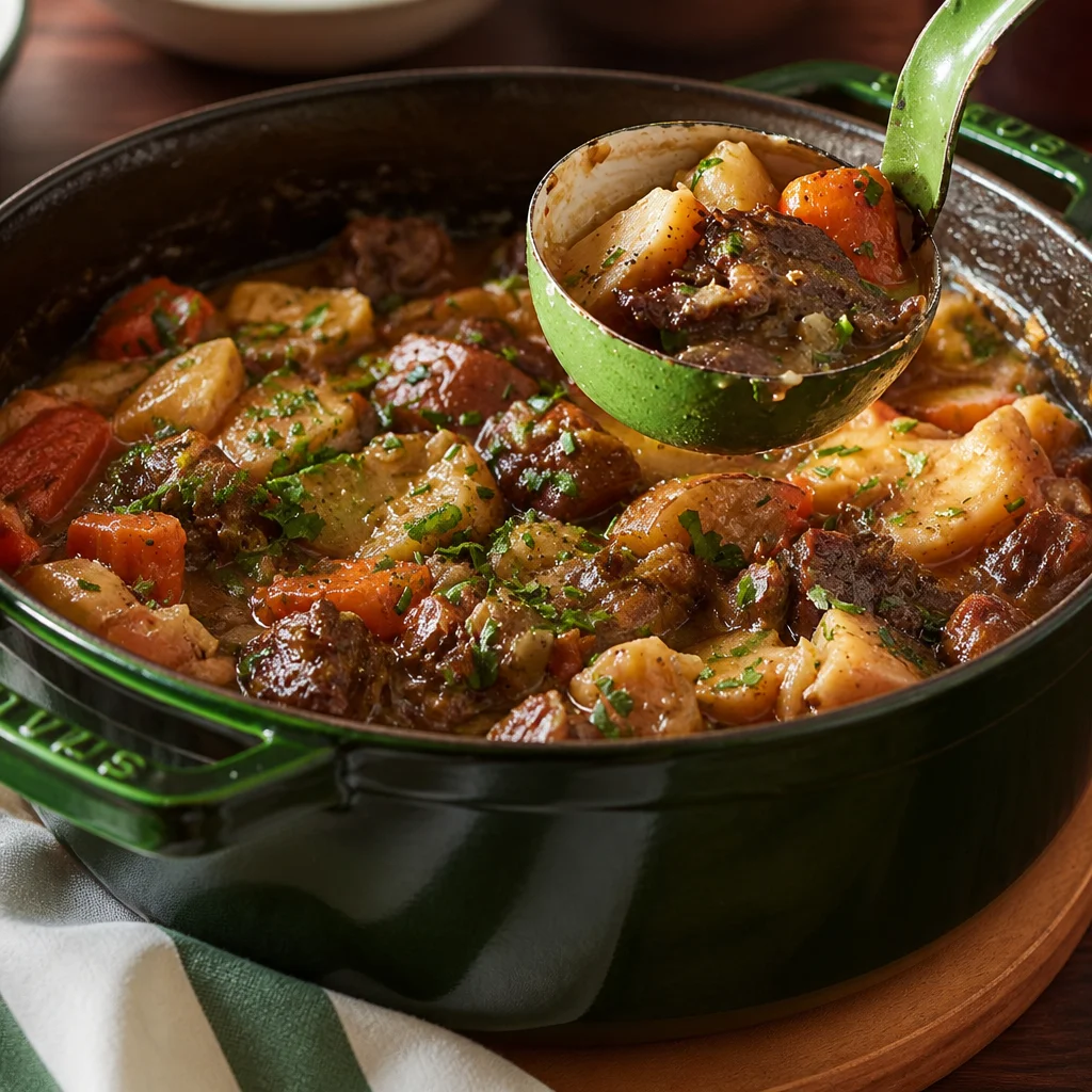 Bowl of Easy Mulligan Stew with beef, potatoes, and vegetables, perfect comfort food.