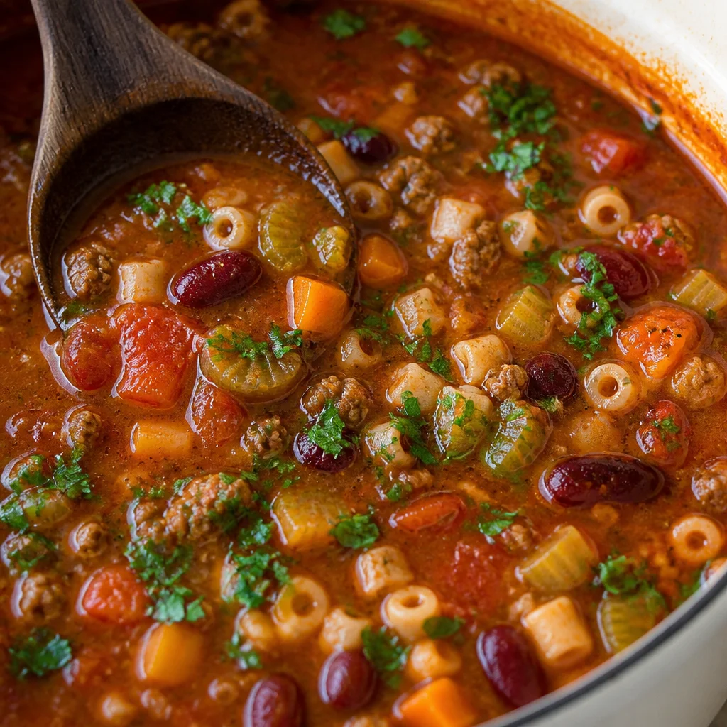 Bowl of Easy Pasta Fagioli Soup — Olive Garden Copycat Recipe with beans and pasta.