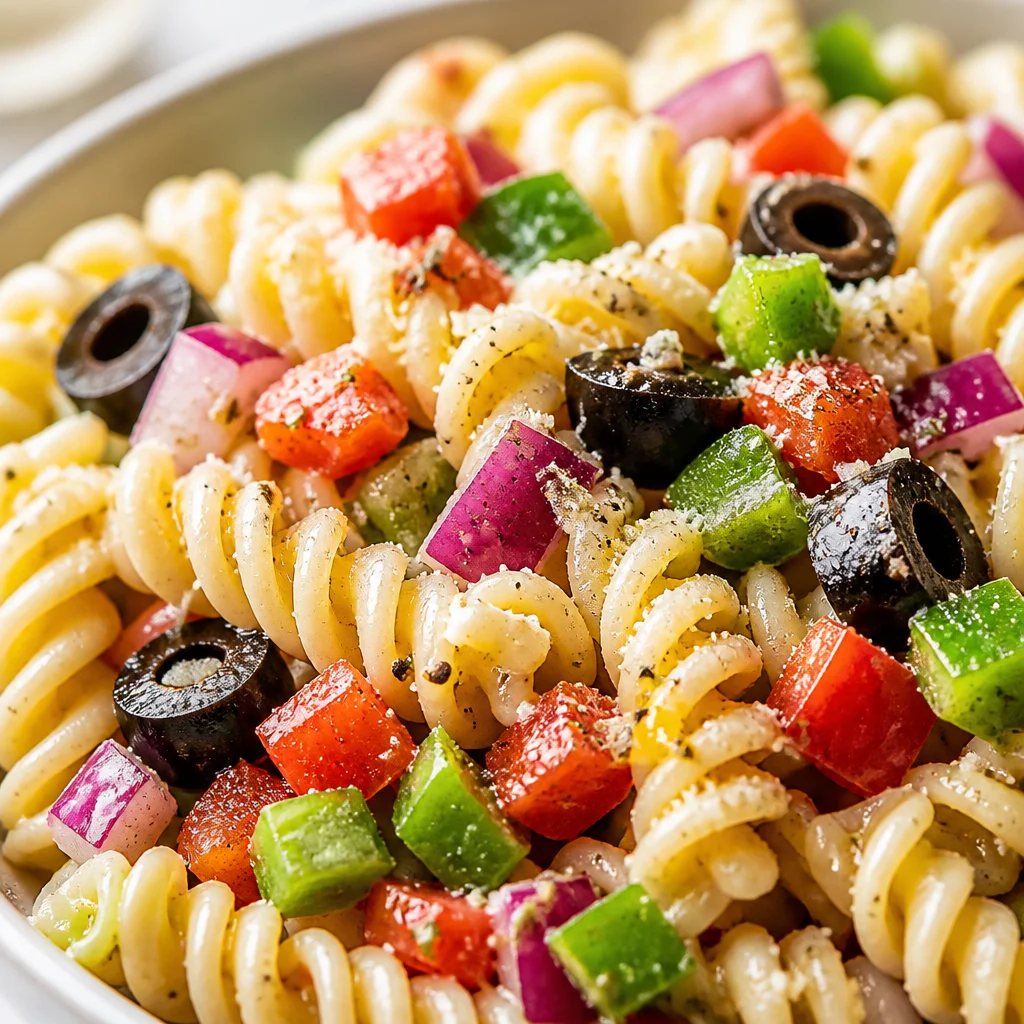 Easy Pasta Salad with Italian Dressing, fresh veggies, and vibrant tri-colored pasta.