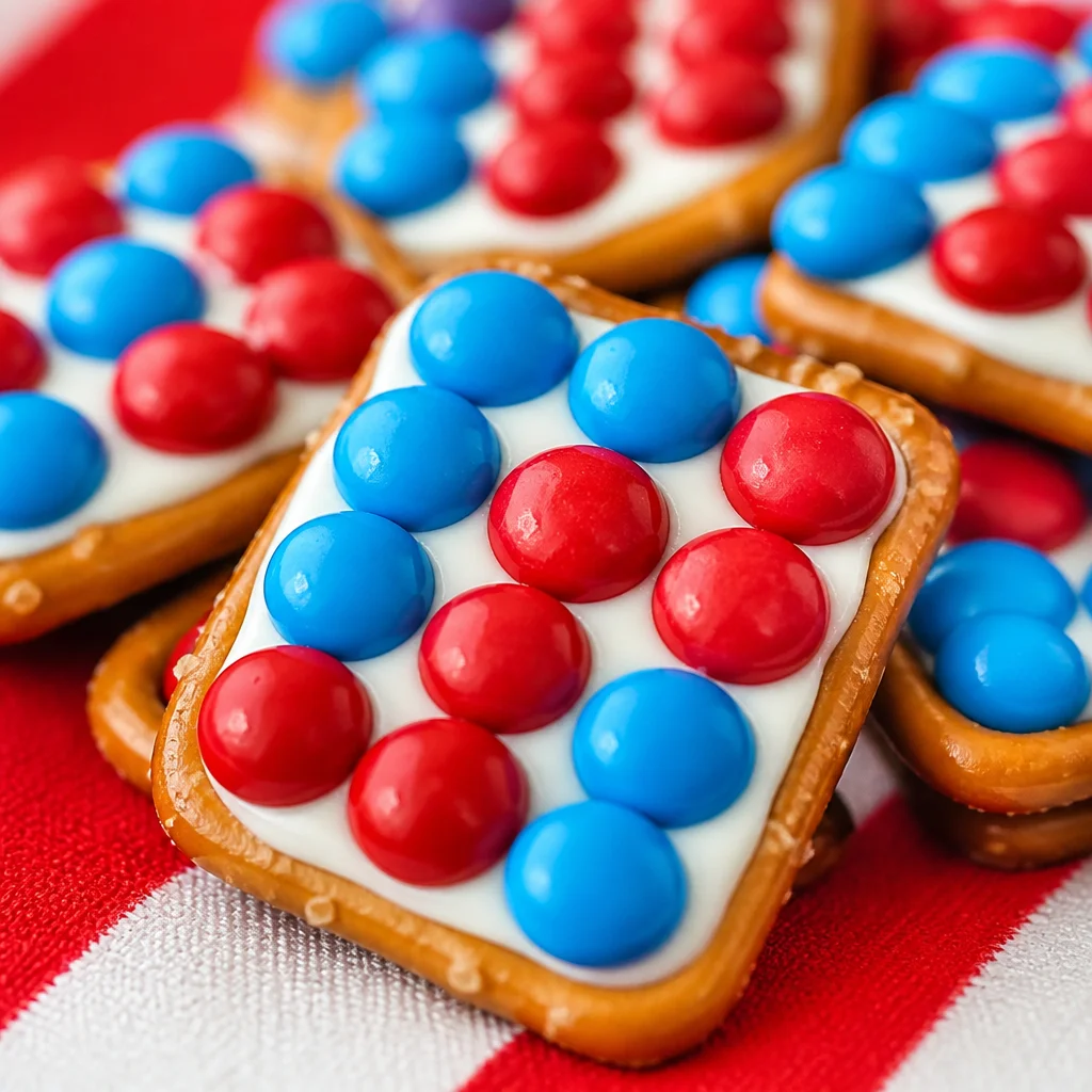 Easy Patriotic Pretzel Bites for 4th of July celebration with red, white, and blue colors.