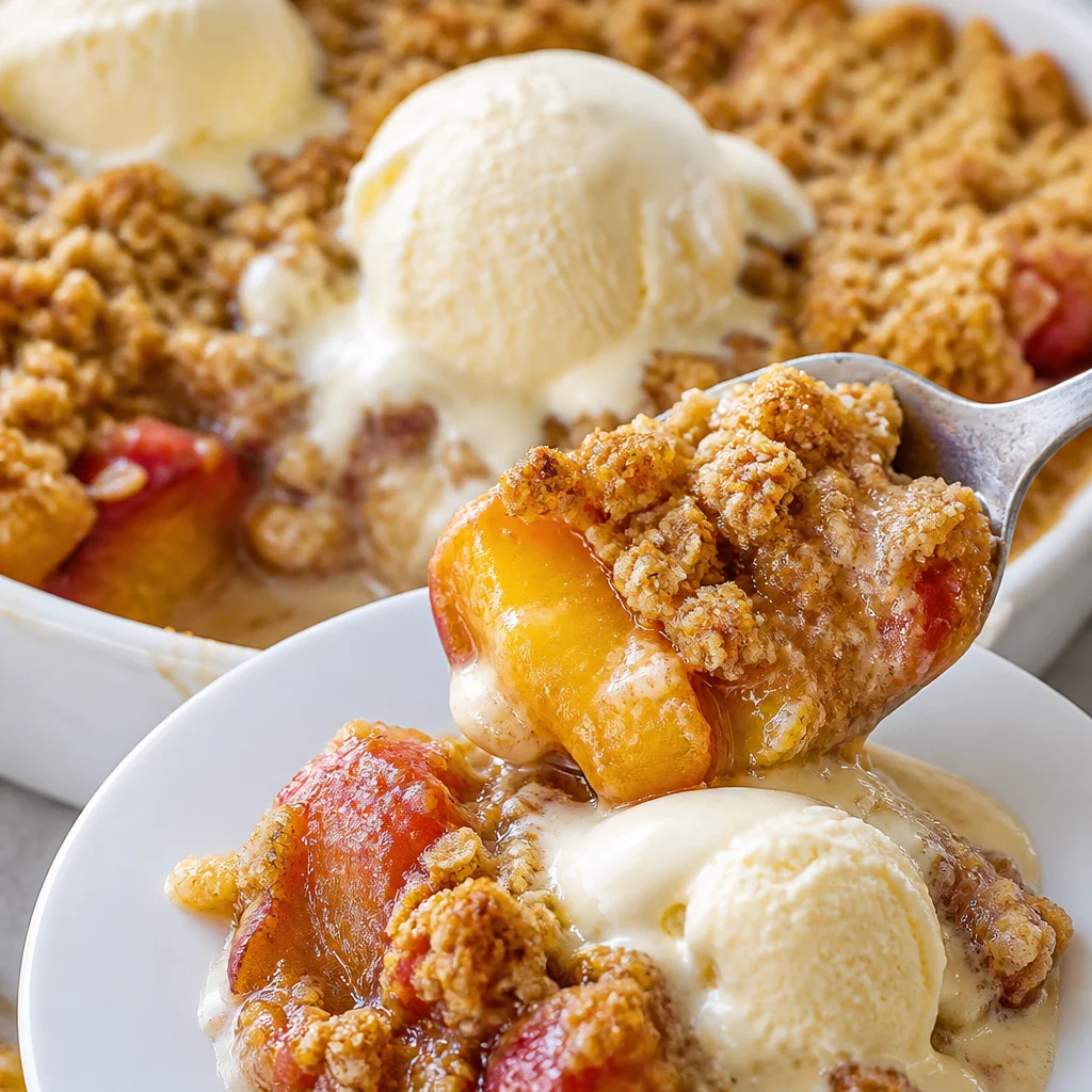 Delicious Easy Peach Crisp topped with cinnamon brown sugar oatmeal crumble