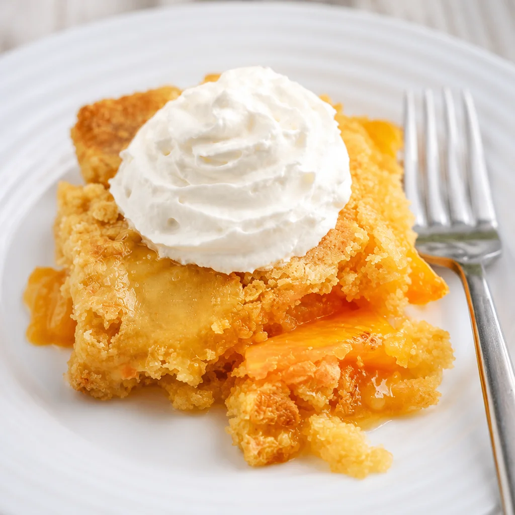 Easy Peach Dump Cake made with 3 ingredients: canned peaches, cake mix, and butter.