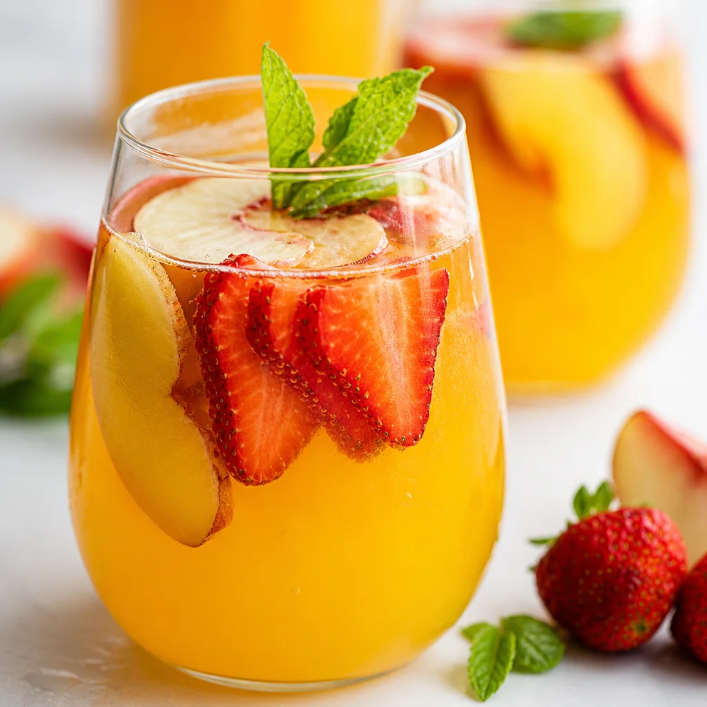 A refreshing glass of Easy Peach Sangria with sliced peaches and white wine.