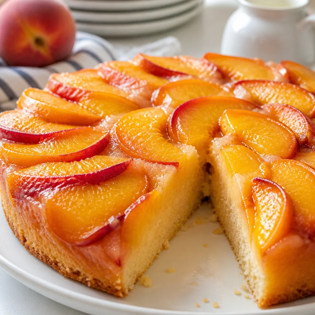 Easy Peach Upside Down Cake with caramelized peaches in a cast iron skillet