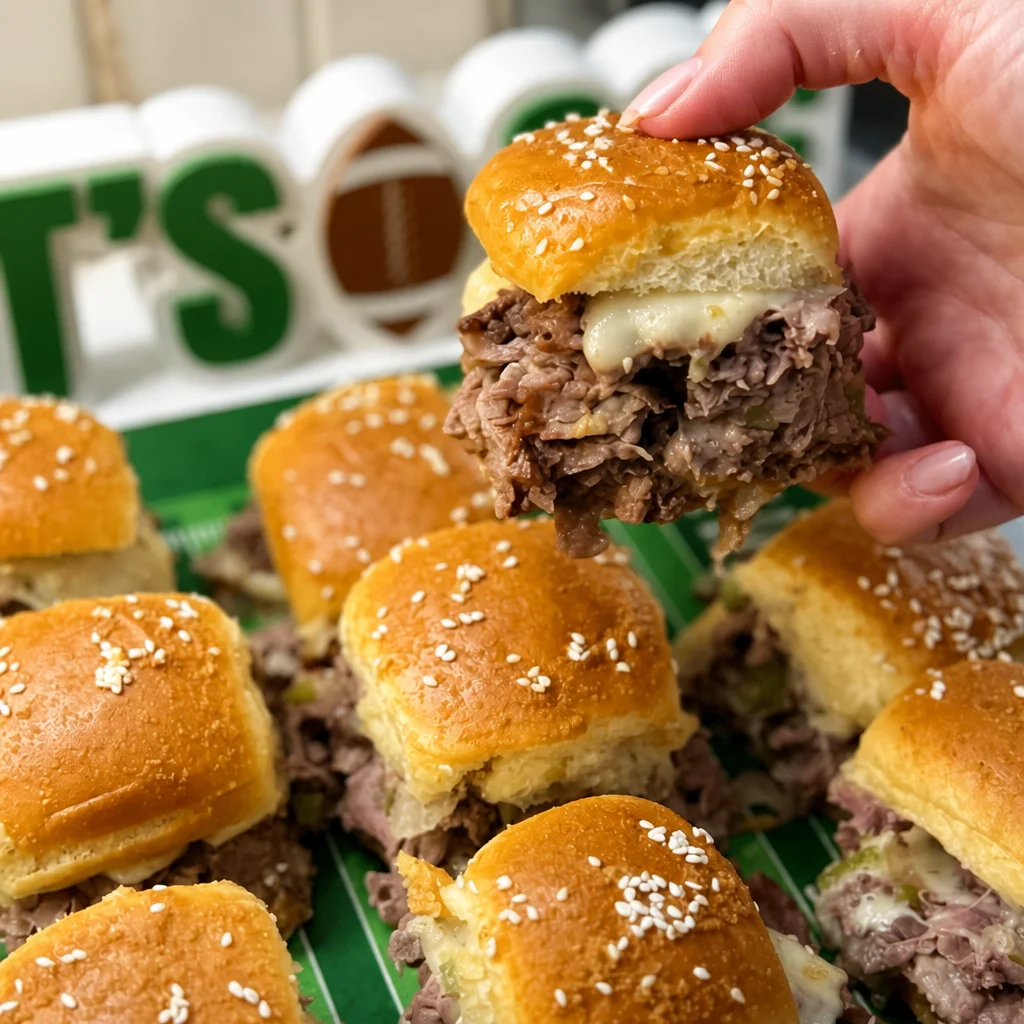 Delicious Easy Philly Cheesesteak Sliders on Hawaiian rolls, perfect for parties.