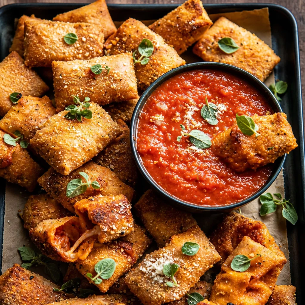 Homemade crispy baked pizza rolls filled with cheese and pepperoni.