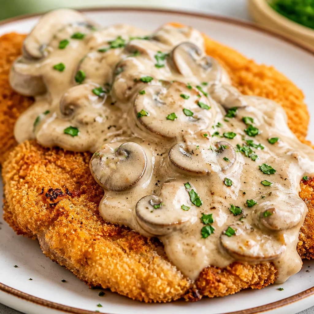 Crispy Easy Pork Schnitzel served with lemon and herbs on a plate.